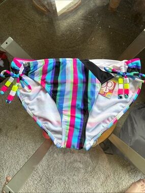 🌟OP: Striped Tie-Side Bikini Bottoms in Blue, Teal, Pink & Black- Size M